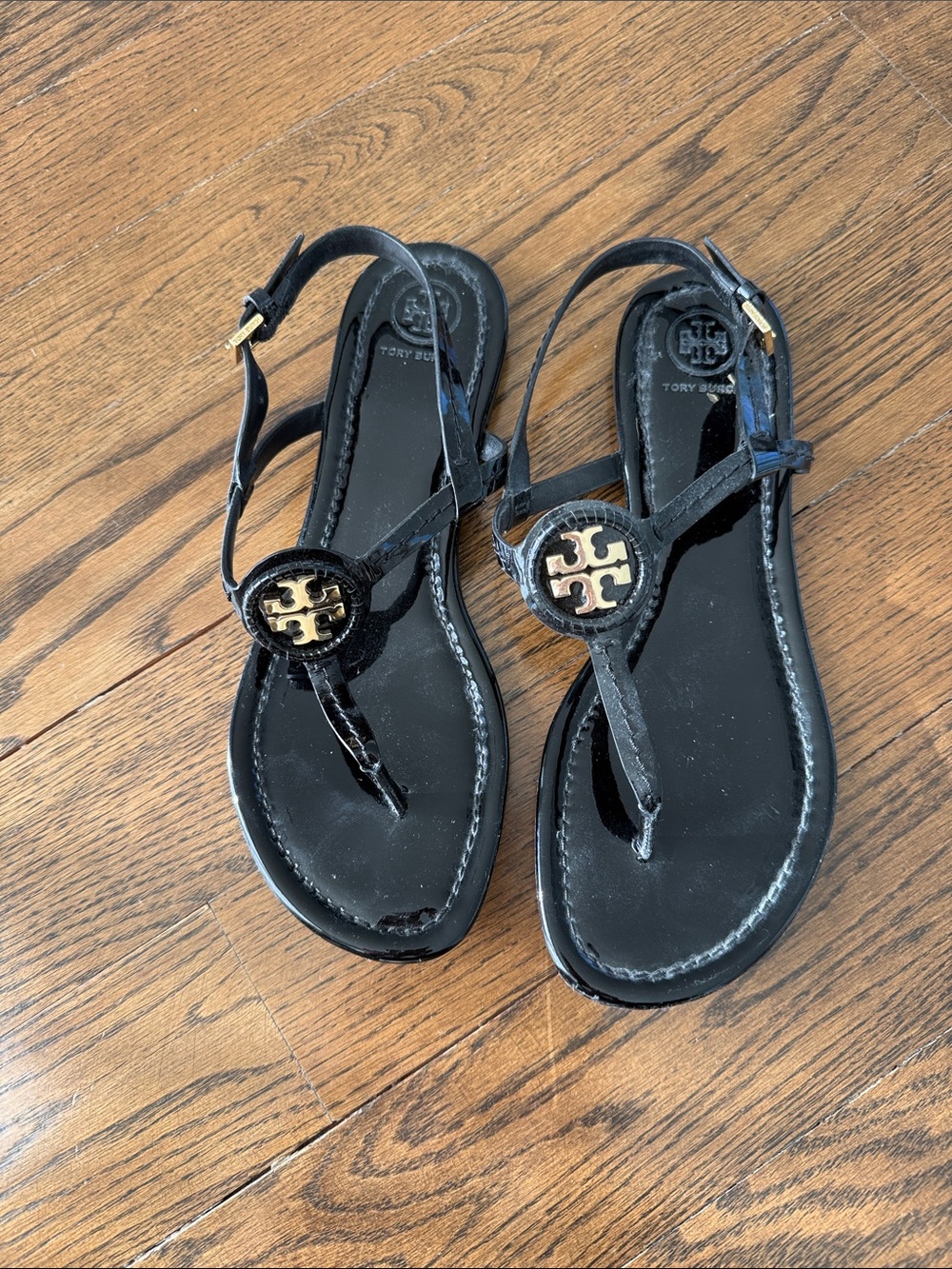Tory Burch Black Patent Miller Logo Thong Sandals